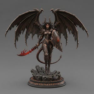 May include: A detailed figurine of a female demon warrior with large, textured wings. She is clad in dark armor, holding a red sword and shield. The base is adorned with runes, and the overall color scheme is dark with red accents.