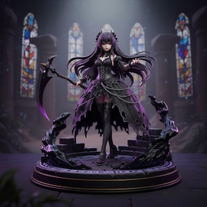 May include: A gothic figurine of a woman in a black dress, holding a scythe. The figure has long, dark hair and stands on a circular base with a dark, ornate design. The background features stained glass windows.