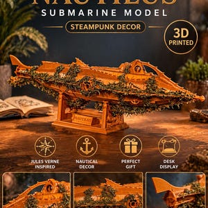 May include: A 3D-printed wooden Nautilus submarine model, a steampunk decor item. The model is brown with green foliage accents and features the text "NAUTILUS SUBMARINE MODEL" and "STEAMPUNK DECOR". It is a desk display and inspired by Jules Verne.