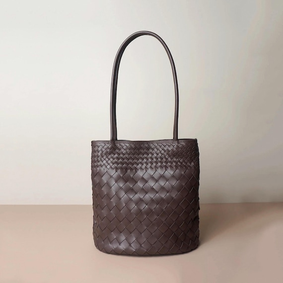 Woven Tote Bag,Genuine Leather Handbag,Classic Design Bucket Bag