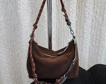 Bolso pequeño de ante, bolso de piel auténtica, bolso tote de diseño minimalista