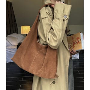 Suede Tote Bag,Minimal Shoulder Bag,Genuine Leather Totes