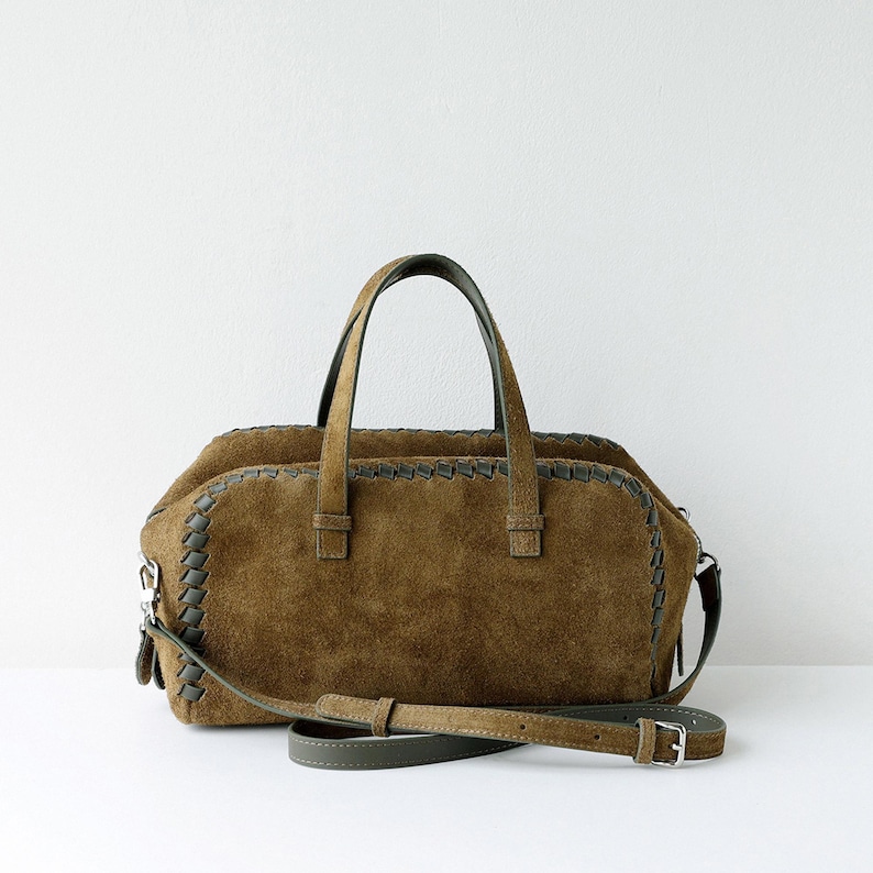 Bolso de hombro de ante, bolso de mano de piel auténtica, bolso minimalista con asa superior Olive Brown