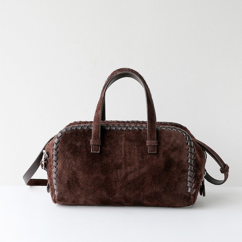 Bolso de hombro de ante, bolso de mano de piel auténtica, bolso minimalista con asa superior Dark Brown