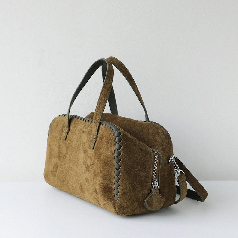 Bolso de hombro de ante, bolso de mano de piel auténtica, bolso minimalista con asa superior imagen 9