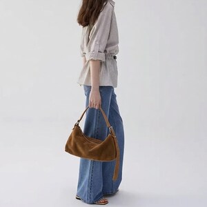 Suede Leather Totes,Genuine Leather Baguette,Minimal Leather Shoulder Bag image 2