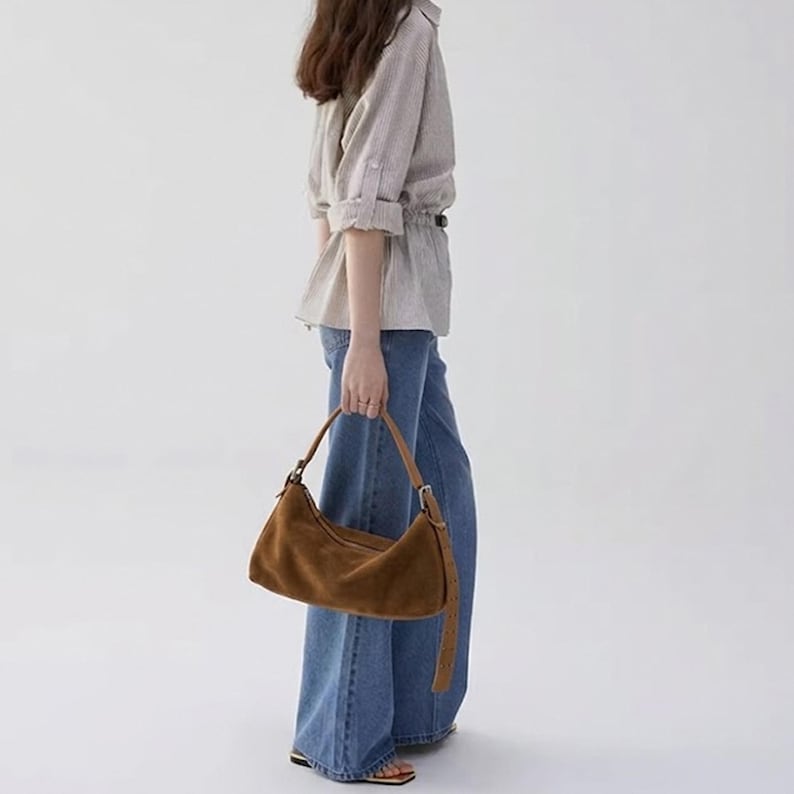 Suede Leather Totes,Genuine Leather Baguette,Minimal Leather Shoulder Bag image 2