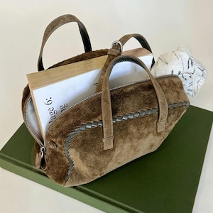 Bolso de hombro de ante, bolso de mano de piel auténtica, bolso minimalista con asa superior imagen 1