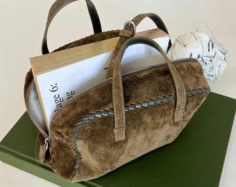 Suede Shoulder Bag,Genuine Leather Handbag,Minimal Top Handle Bag