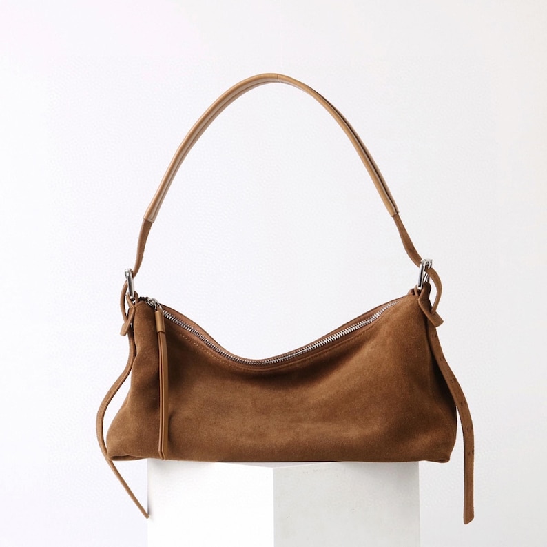 Suede Leather Totes,Genuine Leather Baguette,Minimal Leather Shoulder Bag image 6