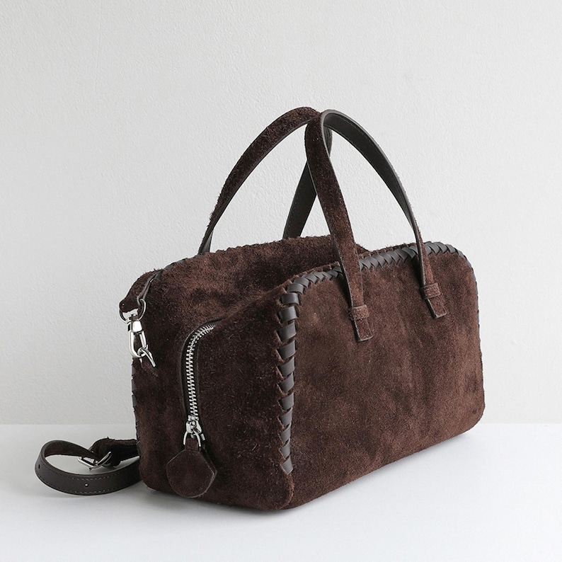 Bolso de hombro de ante, bolso de mano de piel auténtica, bolso minimalista con asa superior imagen 15