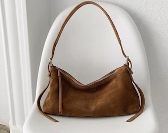 Suede Leather Totes,Genuine Leather Baguette,Minimal Leather Shoulder Bag