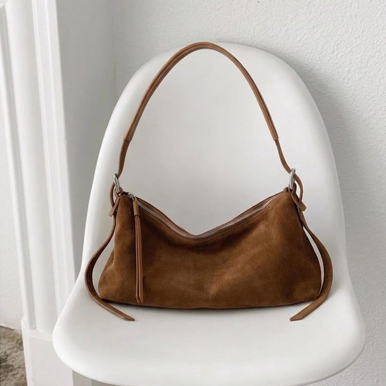 Suede Leather Totes,Genuine Leather Baguette,Minimal Leather Shoulder Bag image 1