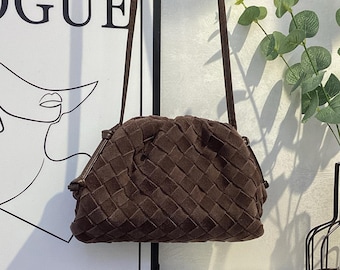 Bolso de ante tejido tipo nube, bolso de hombro de piel auténtica, bolso tejido de diseño