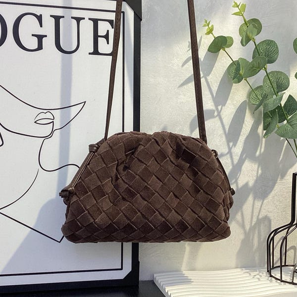 Geweven suède wolktas,echt leren schoudertas,design geweven tas