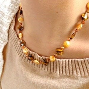 tigers eye necklace, pearl jewelry, beaded necklace, OOAK, 60th birthday gifts for women