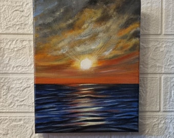 Pintura acrílica original, océano, olas del atardecer, decoración del hogar, pintado a mano, pintura de la naturaleza, paisaje marino