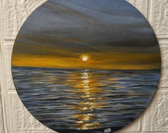 Vagues originales de coucher de soleil sur l'océan, peinture sur planche de bois, peinture au coucher du soleil, peinture sur nature, environ 22 cm