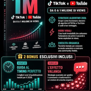 Puede incluir: Gráfico promocional para una guía titulada "CODICE 1M" sobre cómo dominar TikTok y YouTube, prometiendo ayudar a los usuarios a obtener de 0 a 1 millón de visitas. El diseño presenta texto rojo, azul y blanco, con iconos y gráficos.