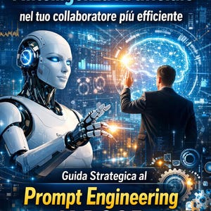 Könnte beinhalten: Digitalillustration, die KI bewirbt. Das Bild zeigt einen futuristischen Roboter mit blauen Akzenten und eine Person im Anzug, die mit einer leuchtenden Gehirngrafik interagiert. Text enthält "Come trasformare l'Intelligenza Artificiale" und "Prompt Engineering IA R.O.S.E."