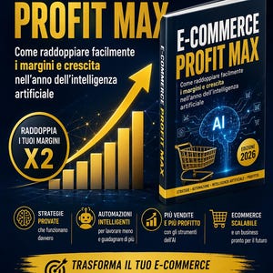 Può includere: Copertina del libro "E-Commerce Profit Max", edizione 2026. Freccia dorata sopra grafici a barre, testo "Raddoppia i tuoi margini X2". Il libro promette di raddoppiare i margini e la crescita con l'IA.