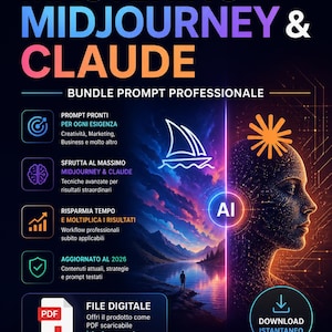 Può includere: Una guida digitale intitolata "MASTERING MIDJOURNEY & CLAUDE" con il testo "BUNDLE PROMPT PROFESSIONALE". L'immagine presenta un design a tema AI con un profilo umano e un'illustrazione del paesaggio. Include prompt, tecniche e flussi di lavoro.