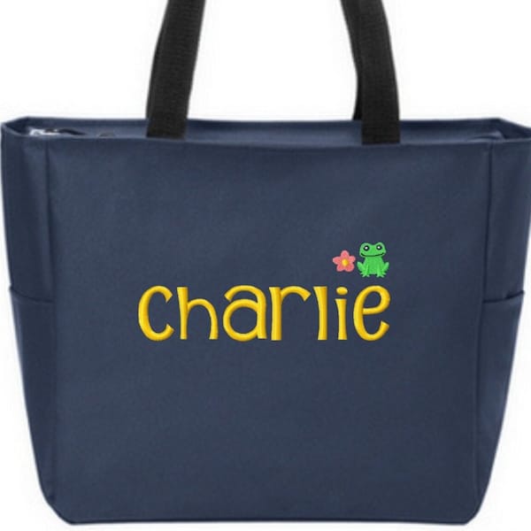 Personalized Girl Boy Kids Tote Bag Daycare Day Care  Beach Bag Sleepover Overnight Bag Toy Tote Custom Embroidered Zippered Closure