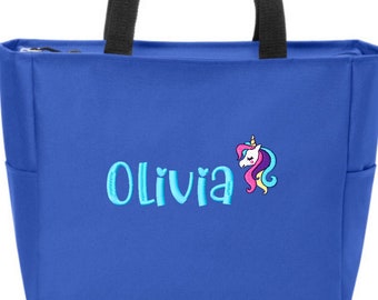 Personalized Girl Boy Kids Tote Bag Daycare Day Care  Beach Bag Sleepover Overnight Bag Toy Tote Custom Embroidered Zippered Closure