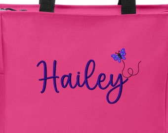 Personalized Girl Boy Kids Tote Bag Daycare Day Care  Beach Bag Sleepover Overnight Bag Toy Tote Custom Embroidered Zippered Closure