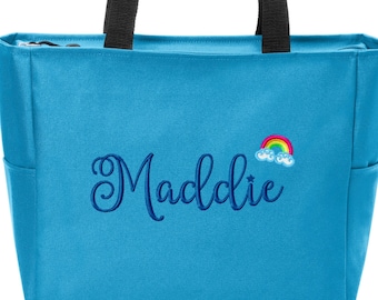 Personalized Girl Boy Kids Tote Bag Daycare Day Care  Beach Bag Sleepover Overnight Bag Toy Tote Custom Embroidered Zippered Closure