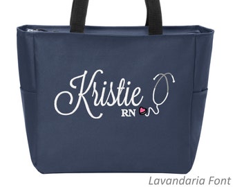 Personalized Nurse Tote Bag Handbag with Heart Stethoscope RN CNA LPN Respiratory Therapist Nursing Student Graduation Gift  Zip-Top Closure