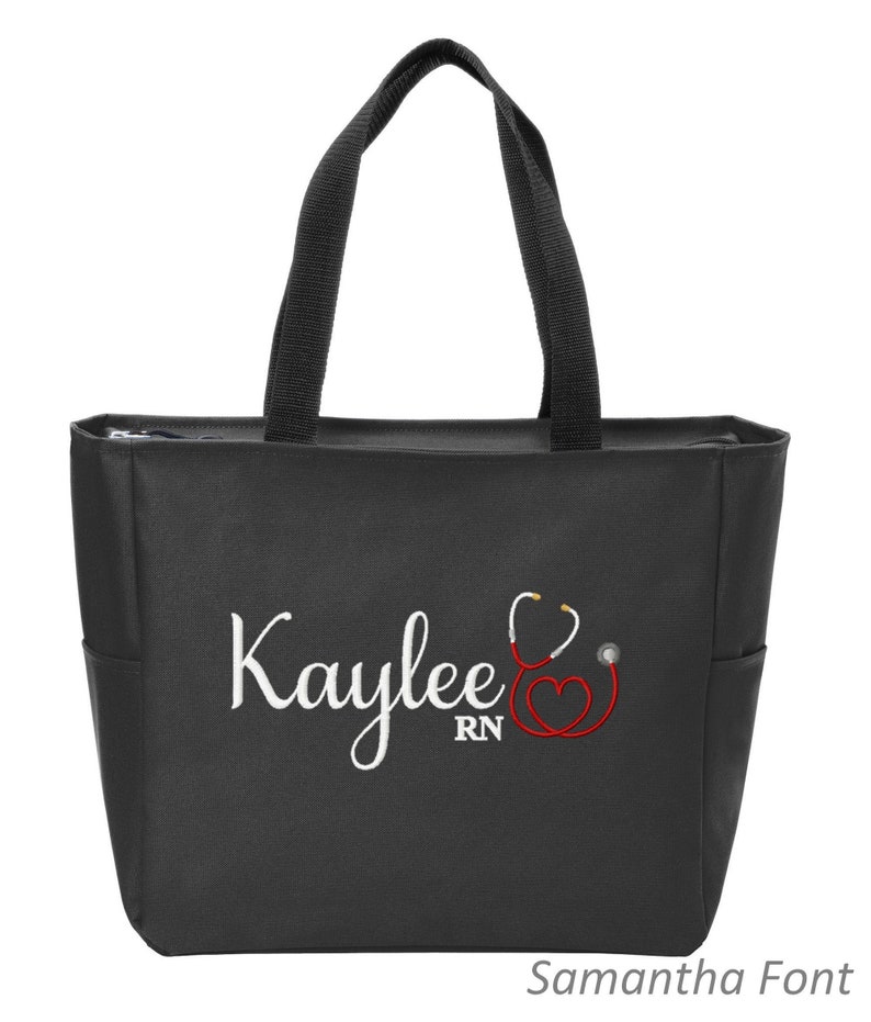 Personalized Nurse Tote Bag Handbag with Heart Stethoscope RN CNA LPN Respiratory Therapist Nursing Student Graduation Gift Zip-Top Closure image 3