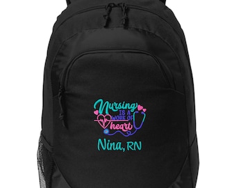 Personalized Nurse Backpack Custom Embroidered  Heart Stethoscope RN CNA LPN Respiratory Therapist Medic Nursing Student Graduation Gift