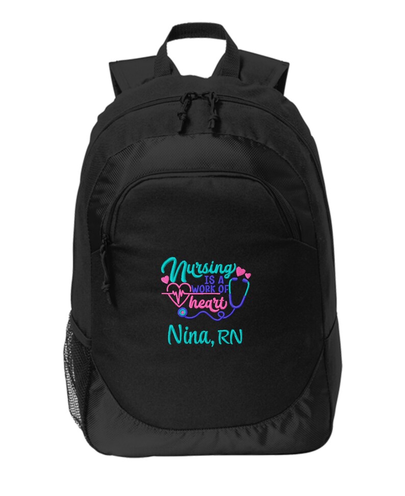 Personalized Nurse Backpack Custom Embroidered Heart Stethoscope RN CNA LPN Respiratory Therapist Medic Nursing Student Graduation Gift Black