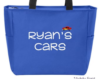 Personalized Girl Boy Kids Tote Bag, Daycare, Book Bag, Beach Tote, Sleepover Overnight Bag Toy Tote Custom Toy Cars Bag Embroidered