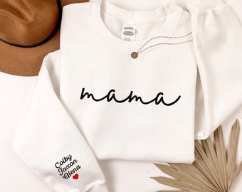 Custom Mama Embroidered Sweatshirt, Sweater Personalized Mom Tee With Kids Names Sleeve Birthday Gift, Mothers Day Gift