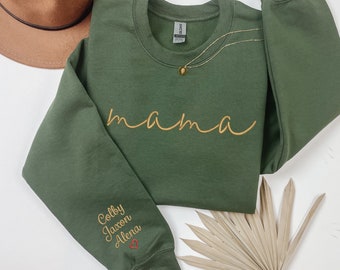 Custom Mama Sweatshirt with Embroidered Kids Names Heart Grandma Grammy Nana Mimi Gigi Abuela Crewneck Sweater Heart Mother's Day Gift!