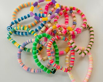 Custom Preppy Heishi Bead Bracelets. Customizable, Many Assorted Colours, Any Season, Spring, Summer, Fall And Winter