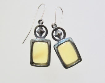 Yellow Opal cabochon and sterling silver earrings, Rectangular earrings, yellow earrings, antiqued earrings, circle and diamond design