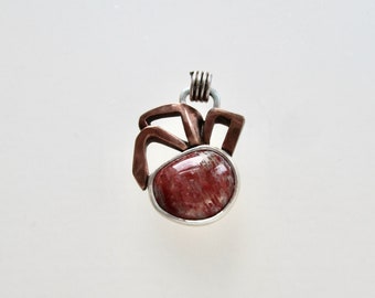 Abstract Red Horn Coral Cabochon Pendant with Sterling silver and pink silver