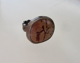 Red Flower Jasper Cabochon and Sterling Silver Size 7 ring,  Carved Sterling silver Ring band