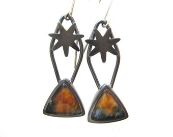 Flame Agate and antiqued sterling silver dangling earrings, orange stone earrings, star shape and triangle shape earrings