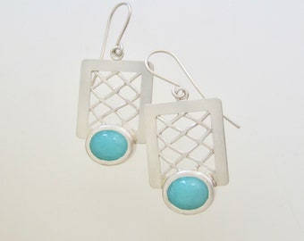 Sky Blue Amazonite Earrings, Sterling Silver Dangling Earrings with woven pattern, Rectangular earrings