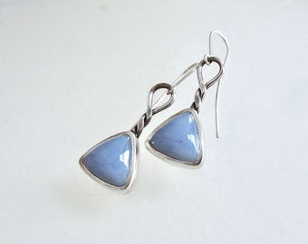 Blue Chalcedony and Sterling Silver Triangular Earrings, Trillion Earrings, Twisted Silver pattern earrings