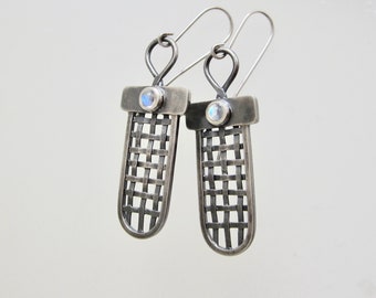 Adularia stones and woven sterling silver earrings, clear stone with blue tones and silver earrings