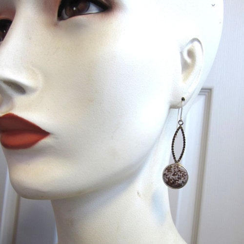 Shops Round Bloodstone cabochon and Sterling Silver Dangling Earrings