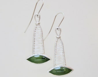 Nephrite Jade and woven silver earrings, Green navette dangling earrings