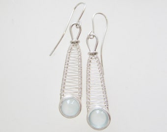 Aquamarine and woven silver earrings, pale blue stone dangling earrings
