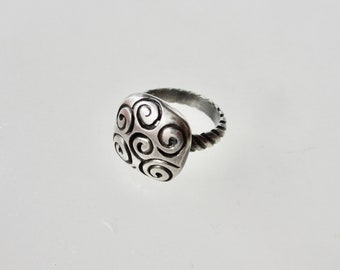 Sterling Silver Swirl Ring with Carved Sterling Silver Band size 7, domed swirl pattern ring, chunky square ring