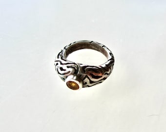 Citrine and Sterling Silver carved ring size 6.5, carved pattern silver ring, yellow stone ring